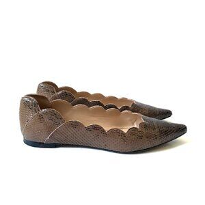 Chloe Lauren Scalloped Ballet Flats Womens 36.5 6 Brown Leather Snake Effect